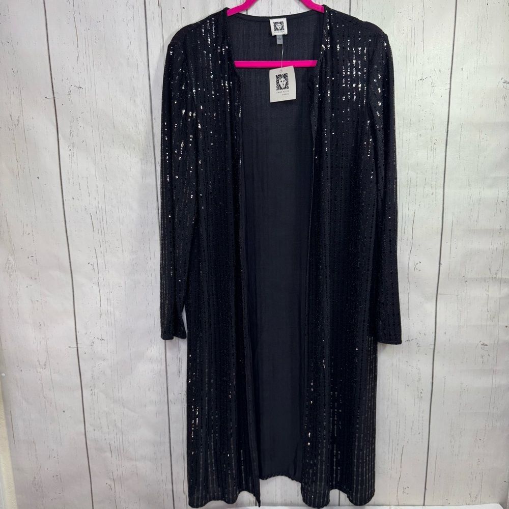 Anne Klein Black Sequin Longline Duster Cardigan NWT Evening Glam Holiday Party - Picture 2 of 16